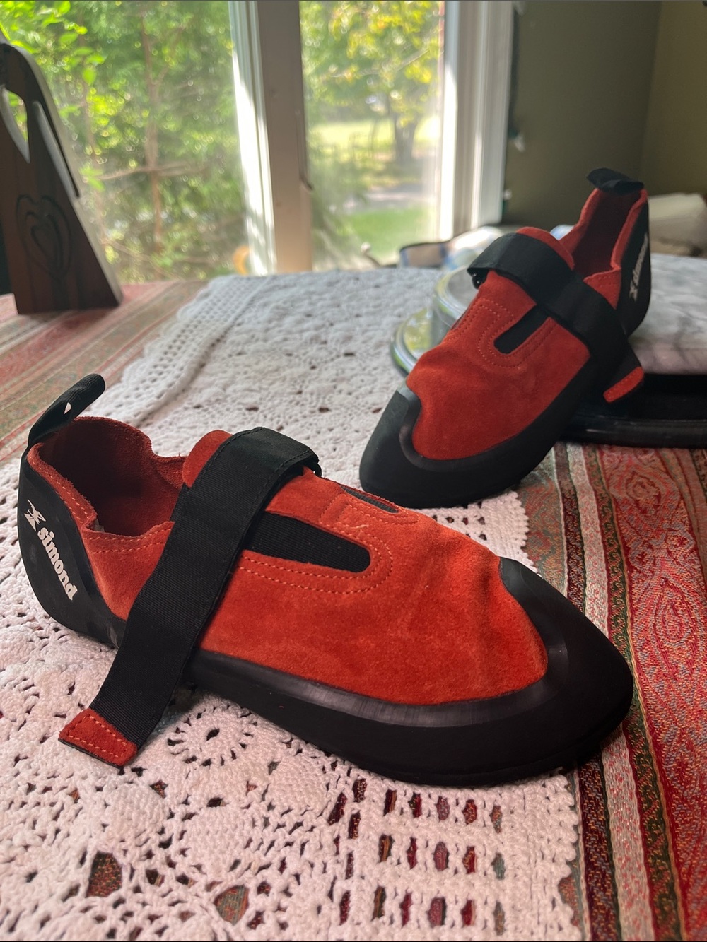 La Sportiva womens Orange-Red Suede Climbing Shoes with Velcro Strap